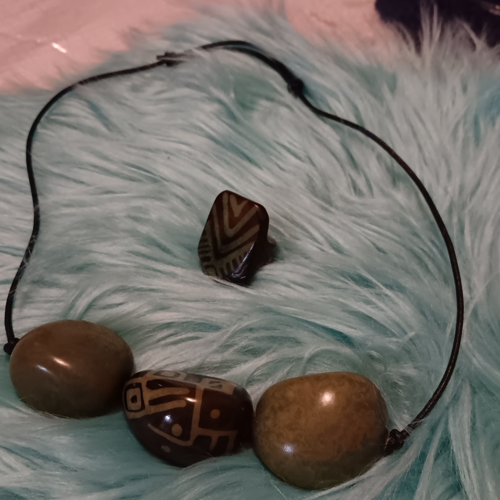 Green and Brown Beaded Necklace with Ring Set